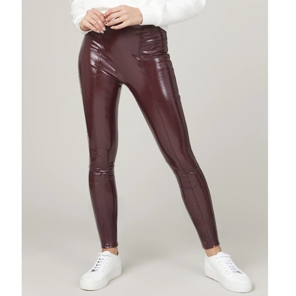 SPANXshape Women's Faux Patent Leather Leggings Burgundy Ruby High Rise L NWT